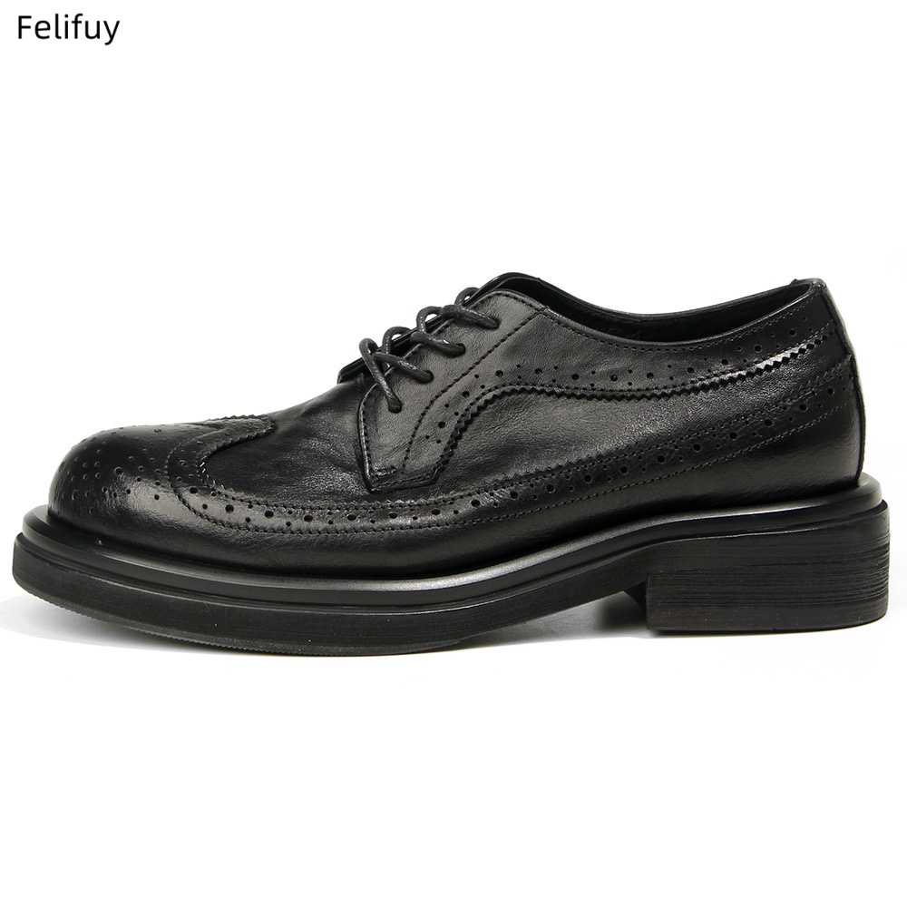 Men Formal Wear All Black - Black Derby shoes Vintage carved cowhide